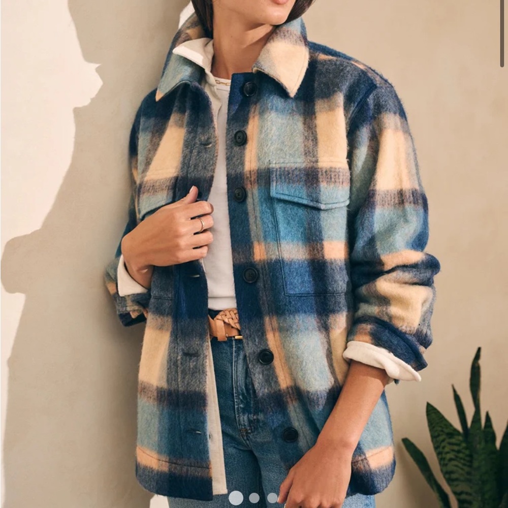 Faherty Blue and Cream Plaid Teddy Jacket